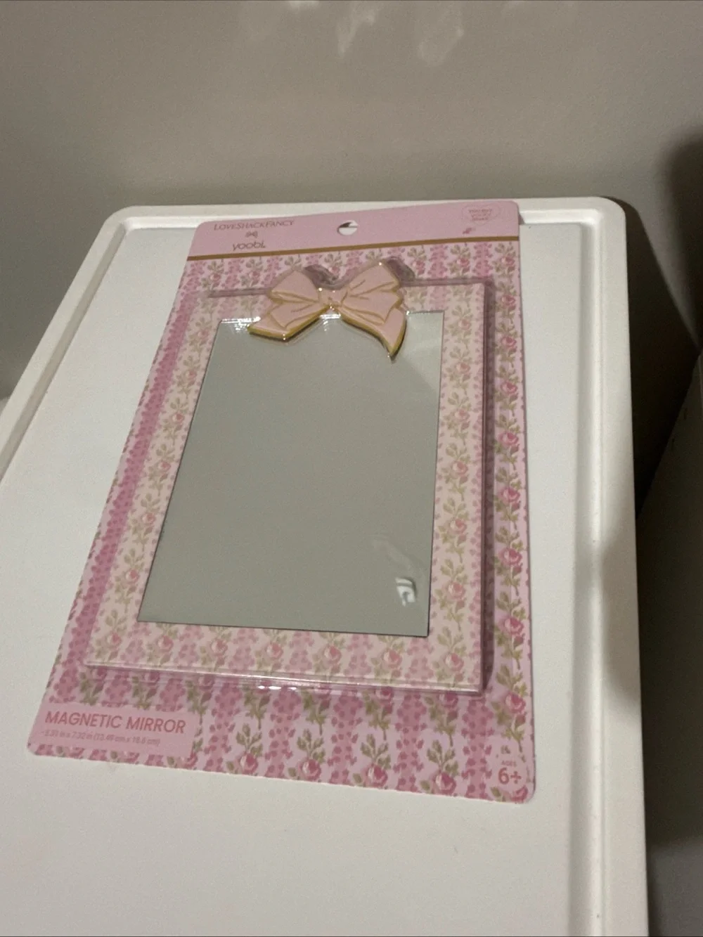 LoveShackFancy Pink Floral Magnetic Mirror with Gold-Trim Bow